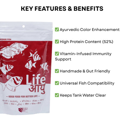 Life AAYU Red Fish Food | Ayurvedic Color Booster with Anchovy & Paprika | for All Fish Sizes | (Medium, 100gms)