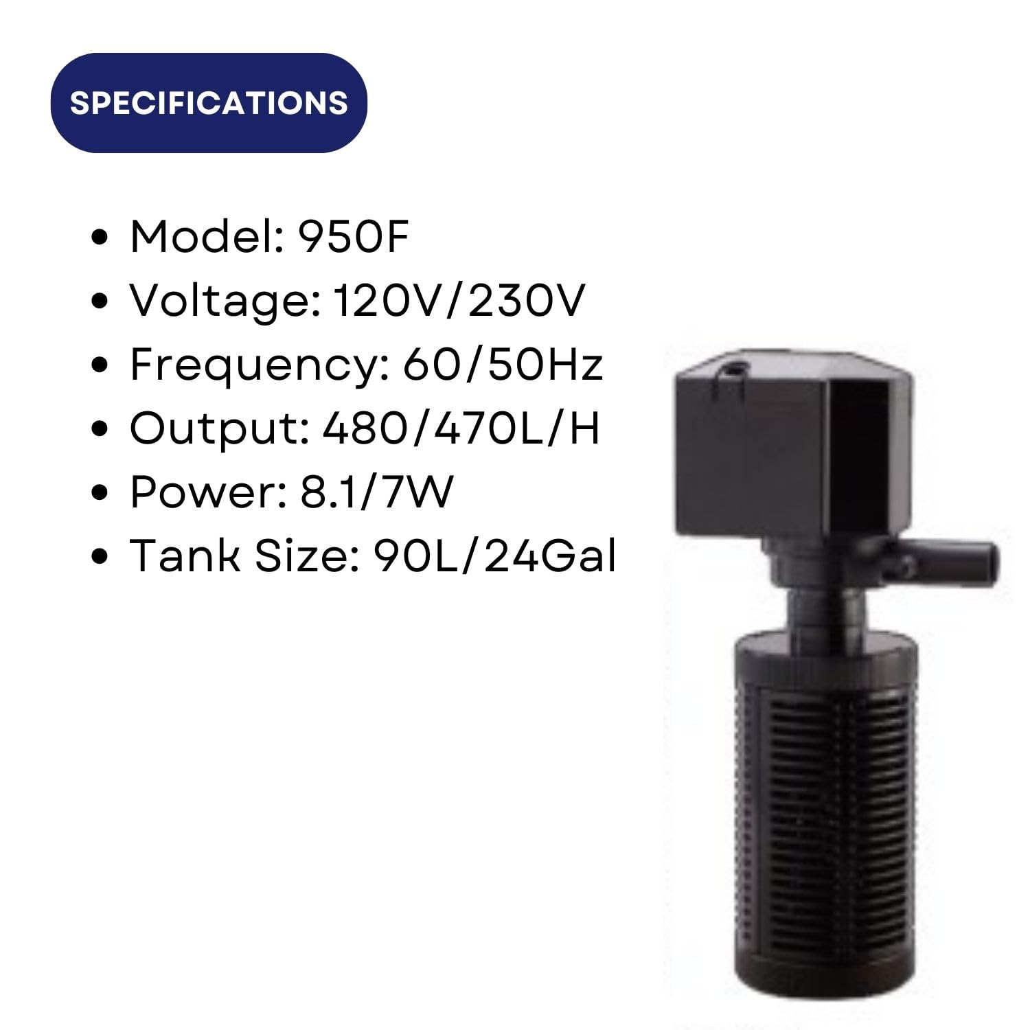 Dophin 950F Internal Filter for Aquarium Fish Tank | Completely Submersible Motor | Output: 480/470 L/H | Suitable for Fish Tank Size 90L | (Original from Tunai Store)