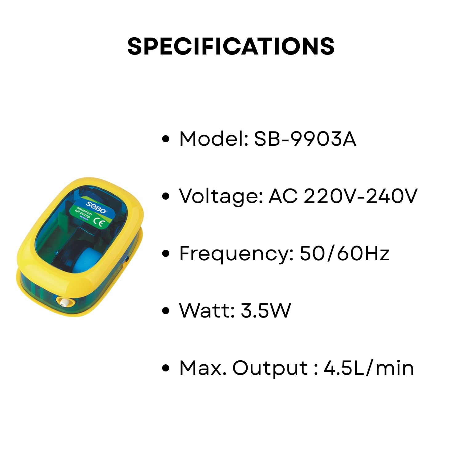 S0B0 SB-9903A Air Pump for Aquarium Fish Tank | Minimal Noise Output and Vibration | Adjustable Flow Rate | Single Outlet | Power: 3.5W | F.Max: 4.5L/min | Original from Tunai Store