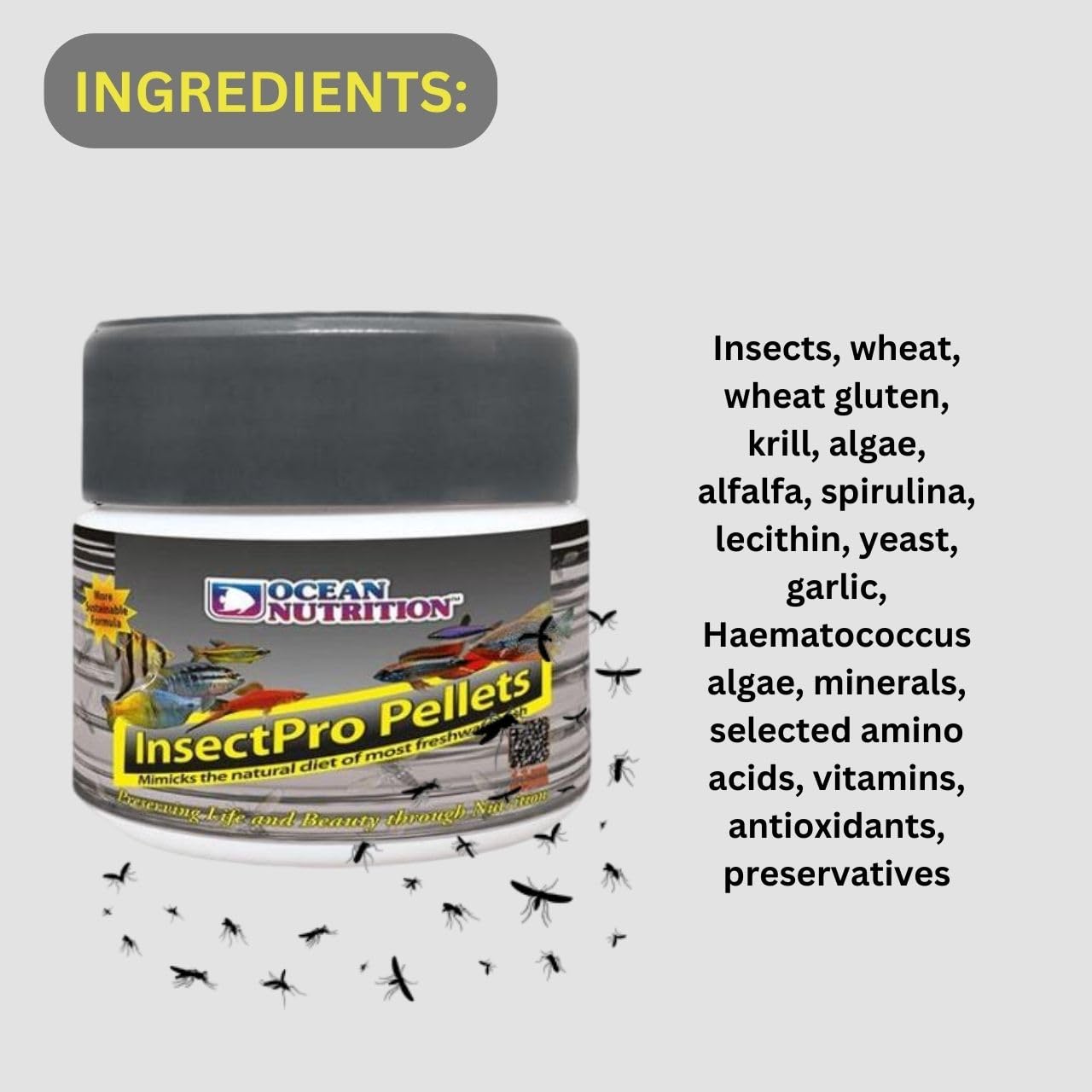 ON+ InsectPro Pellets Fish Food | 100g | 41% Rich Insect Based Protein Treat for All Tropical Fish Like Gold Fish, Cichlids, Oscar, Red Parrot, and Arowana (A Premium Import from TUNAI Store)