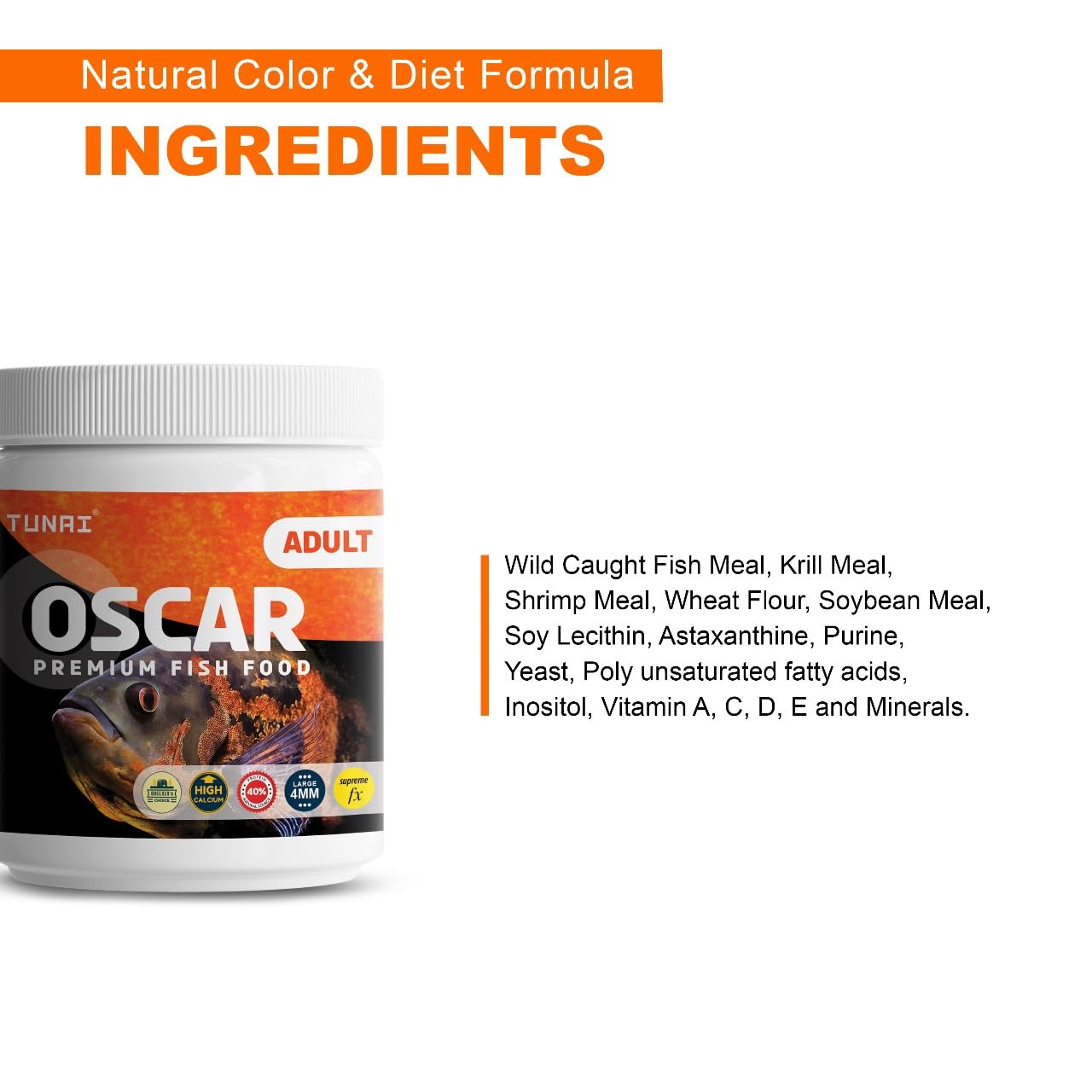 TUNAI All Life Stages Supreme Formula Oscar Fish Food Fortified with 40% Protein and Vitamins, Essential for Color Enhancement, Growth for Medium and Large Sized Oscar Fishes, 4Mm Pellet Size, 100G
