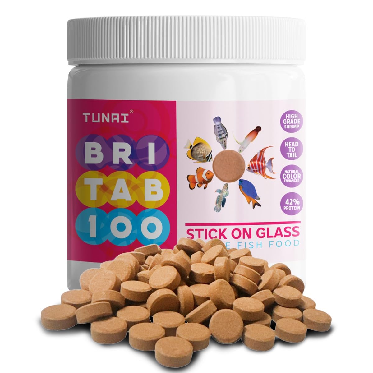 TUNAI BRITAB Stick-On Glass | 42% Protein | 100g | Perfect Marine Fish Food for Clownfish or Nemo, Dory, Angelfish, Butterflyfish, Lionfish, Yellowtail, Stingray & Others