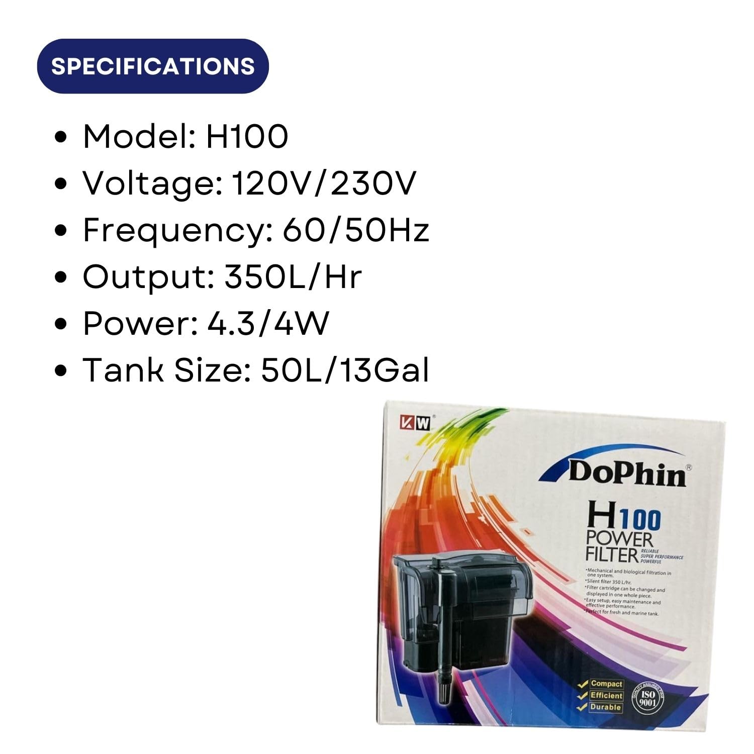 Dophin H100 Hanging Power Filter for Aquarium Fish Tank | Mechanical and Biological Filtration in One System | Output: 350/350L/H | Suitable for Tank Size 50L | (Original from Tunai Store)