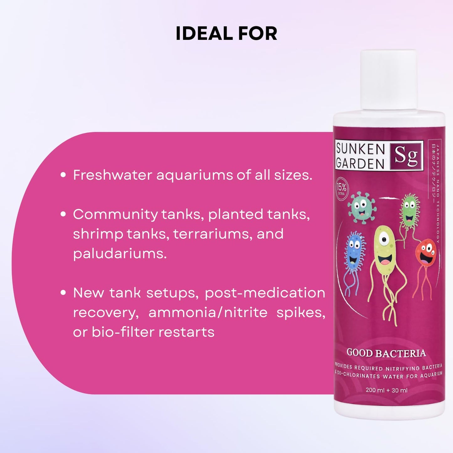 Sunken Garden Good Bacteria Aquarium Water Conditioner | Premium Denitrifying Bacteria for Water Clarity & Bio Stability | Safe for Shrimp & Invertebrates (200 ml + 30 ml)