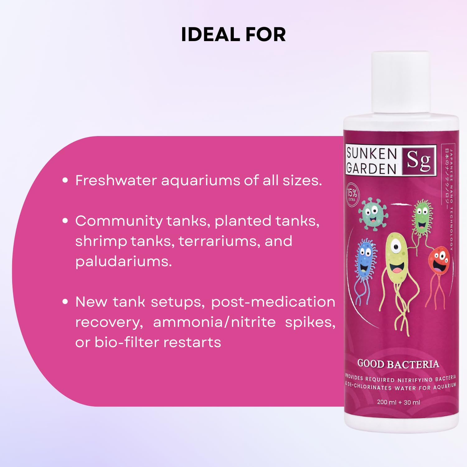 Sunken Garden Good Bacteria Aquarium Water Conditioner | Premium Denitrifying Bacteria for Water Clarity & Bio Stability | Safe for Shrimp & Invertebrates (200 ml + 30 ml)