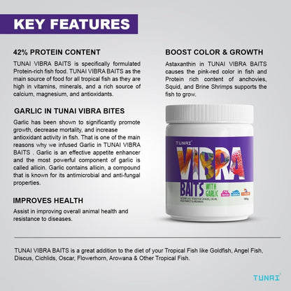 TUNAI VIBRA Bait Fish Food for Gold Fish, Angel Fish, Discus, Cichlids, Oscar, Red Parrot, Flower Horn, Arowana & Other Tropical Fishes (100g, Vibra Baits)