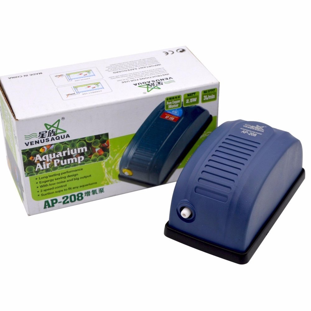 Venus Aqua AP-208 Aquarium Air Pump | Single Nozzle Oxygen Pump | Low Noise 2-Speed Adjustable Aerator | 2.5W Power, 3.5L/Min Air Flow for Freshwater & Marine Fish Tanks
