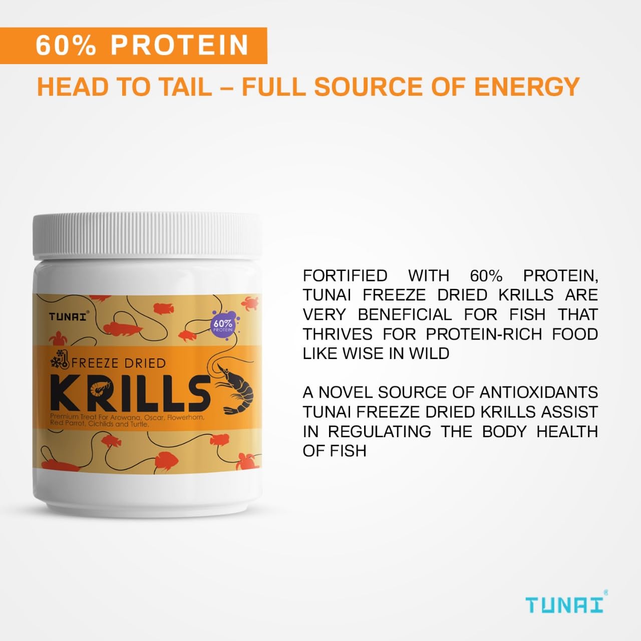 TUNAI Freeze Dried Krills Fish Food & Treats for Turtle, Cichlids, Flowerhorn, Oscar, Red Parrot, Arowana & Other Carinvorous Fish (50g, Kril)