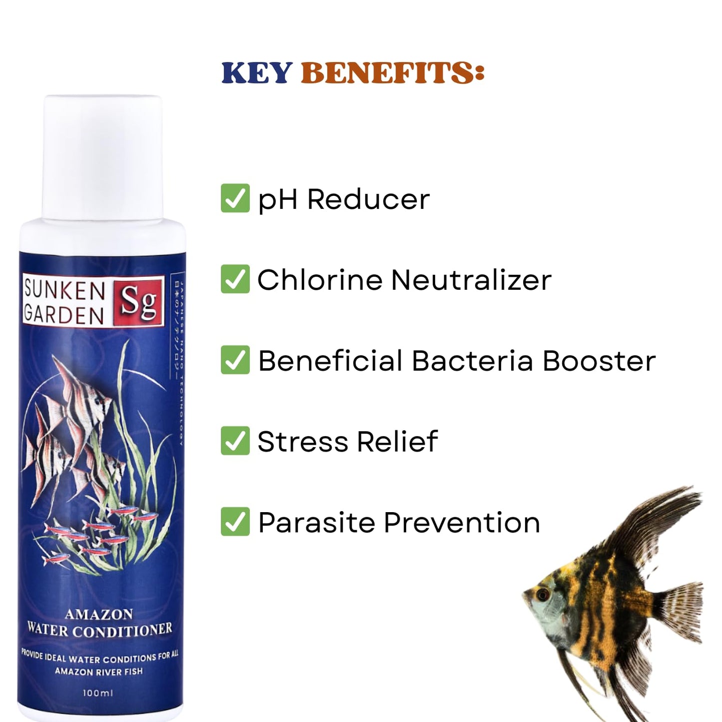 Sunken Garden Amazon Fish Water Conditioner | pH Reducer + Chlorine Neutralizer + Parasite Prevention | Made for All Amazonian Fish Such as Angels and tetras (100 ml)