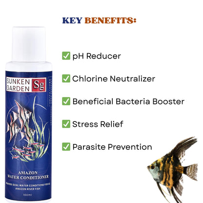 Sunken Garden Amazon Fish Water Conditioner | pH Reducer + Chlorine Neutralizer + Parasite Prevention | Made for All Amazonian Fish Such as Angels and tetras (100 ml)