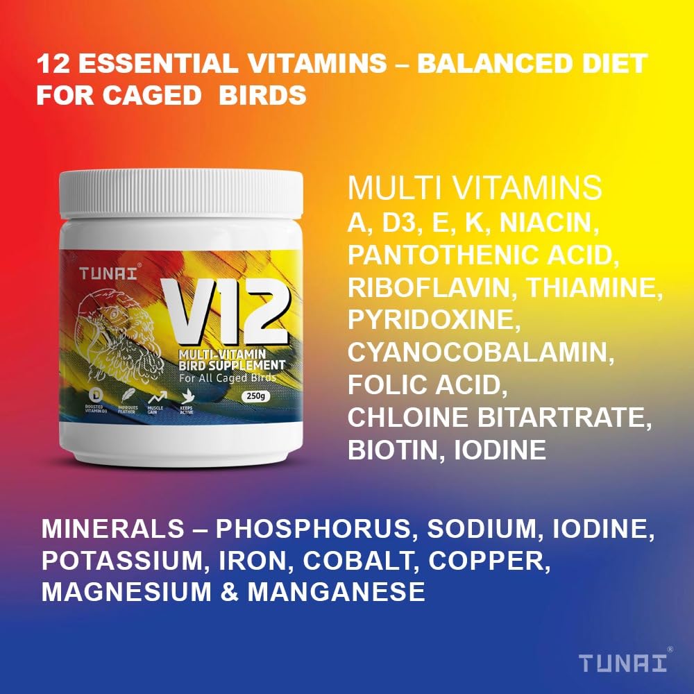 TUNAI V12 Multi Vitamin Booster for All Caged Birds (250g, V12)