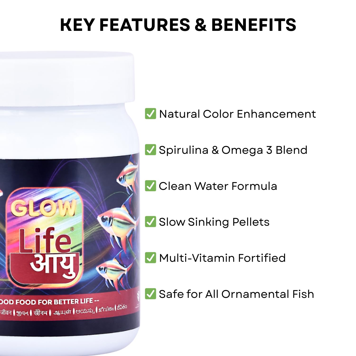 Life AAYU Glow Fish Food | Natural Color Enhancer with Spirulina, Paprika & Beta Carotene | Floating Pellets | (63 GMS)
