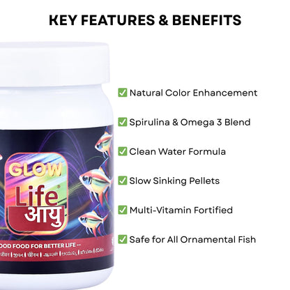 Life AAYU Glow Fish Food | Natural Color Enhancer with Spirulina, Paprika & Beta Carotene | Floating Pellets | (63 GMS)