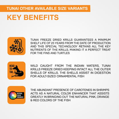TUNAI Freeze Dried Krills Fish Food & Treats for Turtle, Cichlids, Flowerhorn, Oscar, Red Parrot, Arowana & Other Carinvorous Fish (110g, Krill)