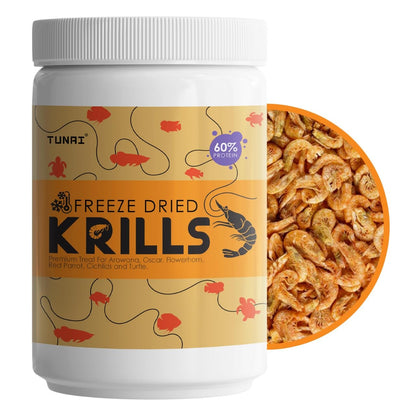 TUNAI Freeze Dried Krills Fish Food & Treats for Turtle, Cichlids, Flowerhorn, Oscar, Red Parrot, Arowana & Other Carinvorous Fish (25g, Krill)