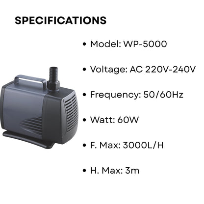 S0B0 WP-5000 Submersible Water Pump for Aquarium Fish Tank | Powerful Water Circulation | Strong and Consistent Flow | Power: 60W | F.Max: 3000L/H | Original from Tunai Store