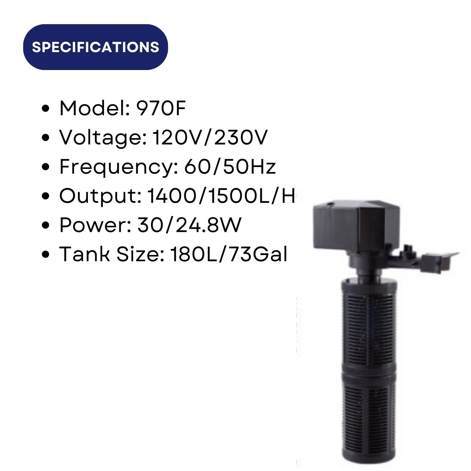 Dophin 970F Internal Filter for Aquarium Fish Tank | Completely Submersible Motor | Output: 1400/1500 L/H | Suitable for Fish Tank Size 180L | (Original from Tunai Store)