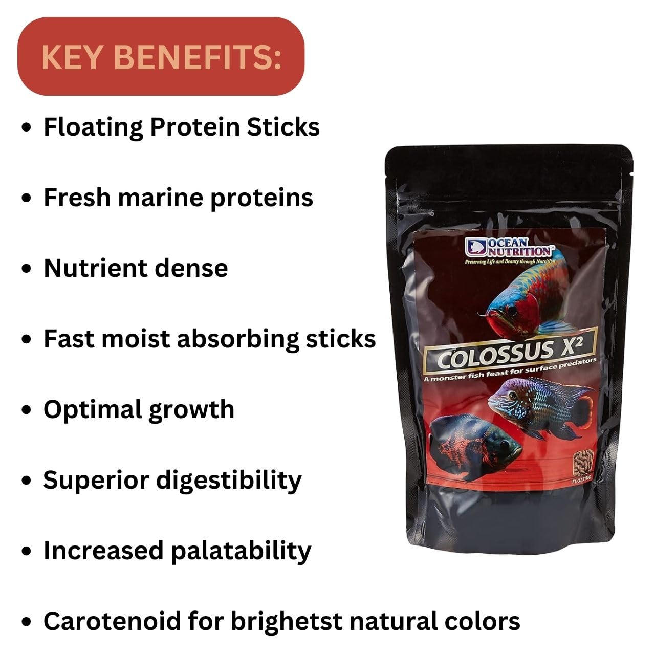 ON+ Colossus X2 Floating Protein Sticks Fish Food (Original from Tunai Store) | A Monster Fish Feast for Oscar, Cichlids, Arowana, Red Parrot & Other Monster Fish (500gms, Floating Sticks)