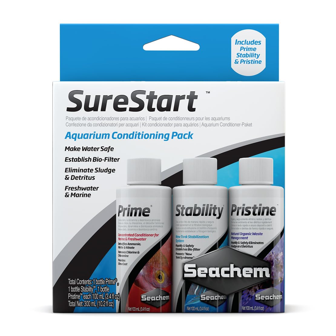 Seachem Sure Start Water Conditioner Prime + Stability + Pristine - 100 ml Each Bottle