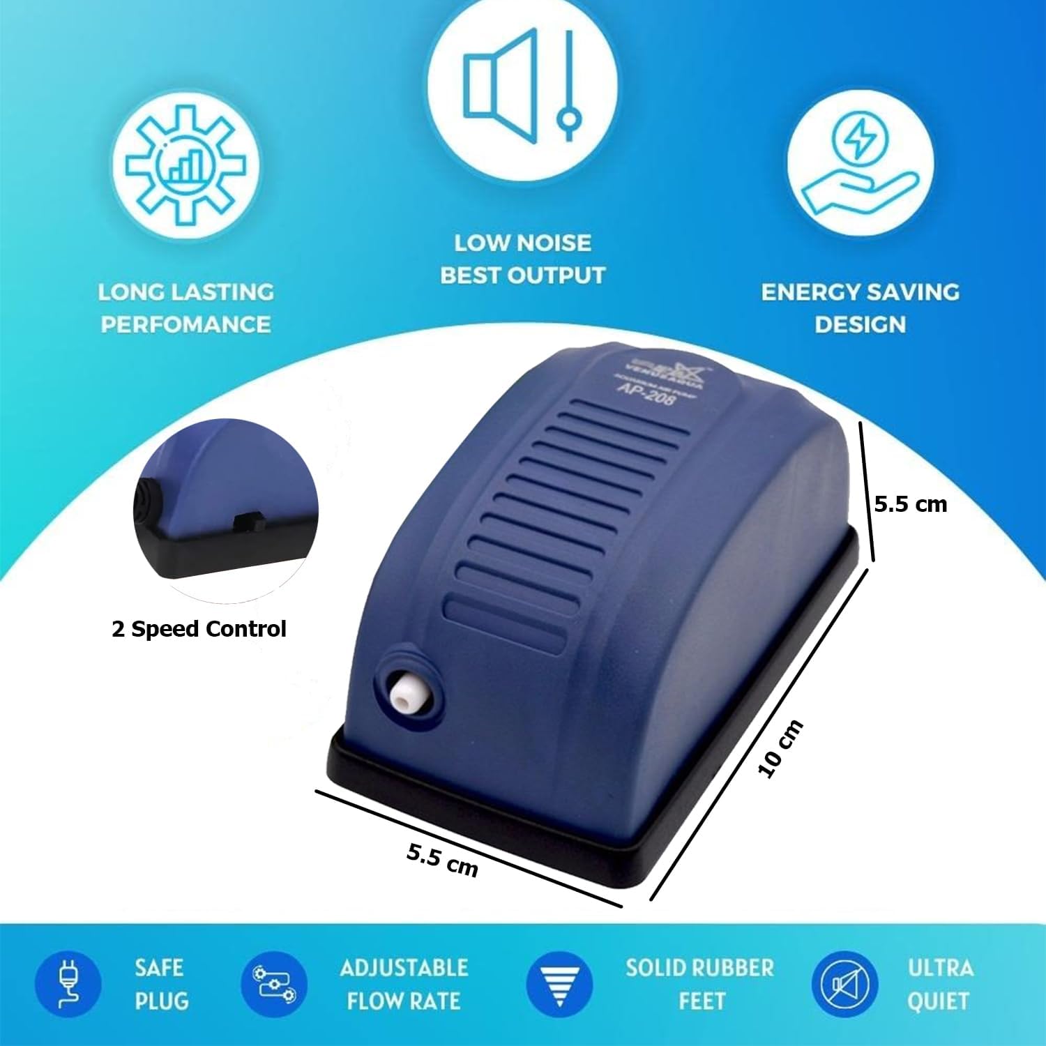 Venus Aqua AP-208 Aquarium Air Pump | Single Nozzle Oxygen Pump | Low Noise 2-Speed Adjustable Aerator | 2.5W Power, 3.5L/Min Air Flow for Freshwater & Marine Fish Tanks