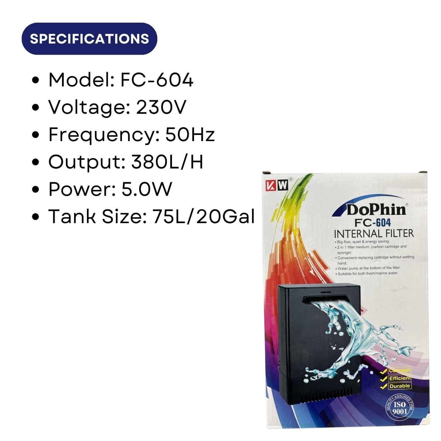 Dophin FC-604 Internal Filter Box for Aquarium Fish Tank | Suitable for Both Fresh and Marine Water | Output: 380L/H | Suitable for Tank Size 75L | (Original from Tunai Store)