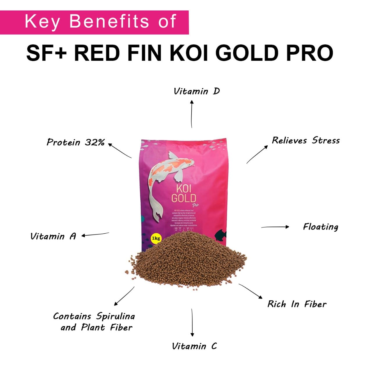 SF+ Red Fin Gold Koi Pro Fish Food | 2.5 MM pellets | Perfect Fish Feed |1KG| for All Medium and Large Adult Size Koi (2.5 MM - Koi Gold Pro) - Original from Tunai Store