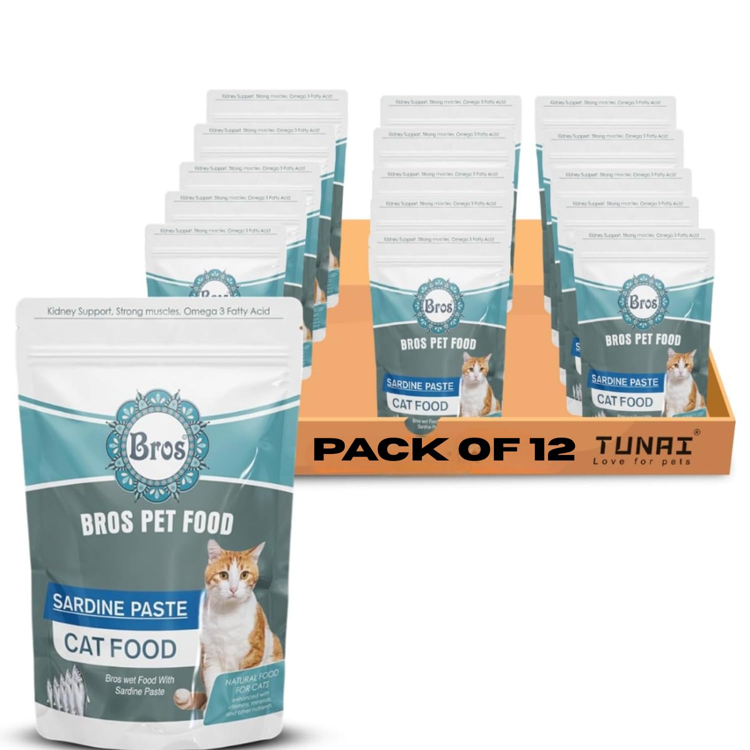 SF+ Bros Pet Cat Food Paste | Pack of 12 | Natural Food for Cats | Enhanced with Vitamins, Minerals and Other Nutrients (80gms, Sardine Paste - Adults)