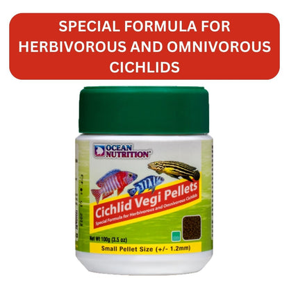 ON+ Cichlid Vegi Pellets Fish Food (Original from Tunai Store) | Special Formula for Herbivorous and Omnivorous Cichlids (100gms, Small Pellets)