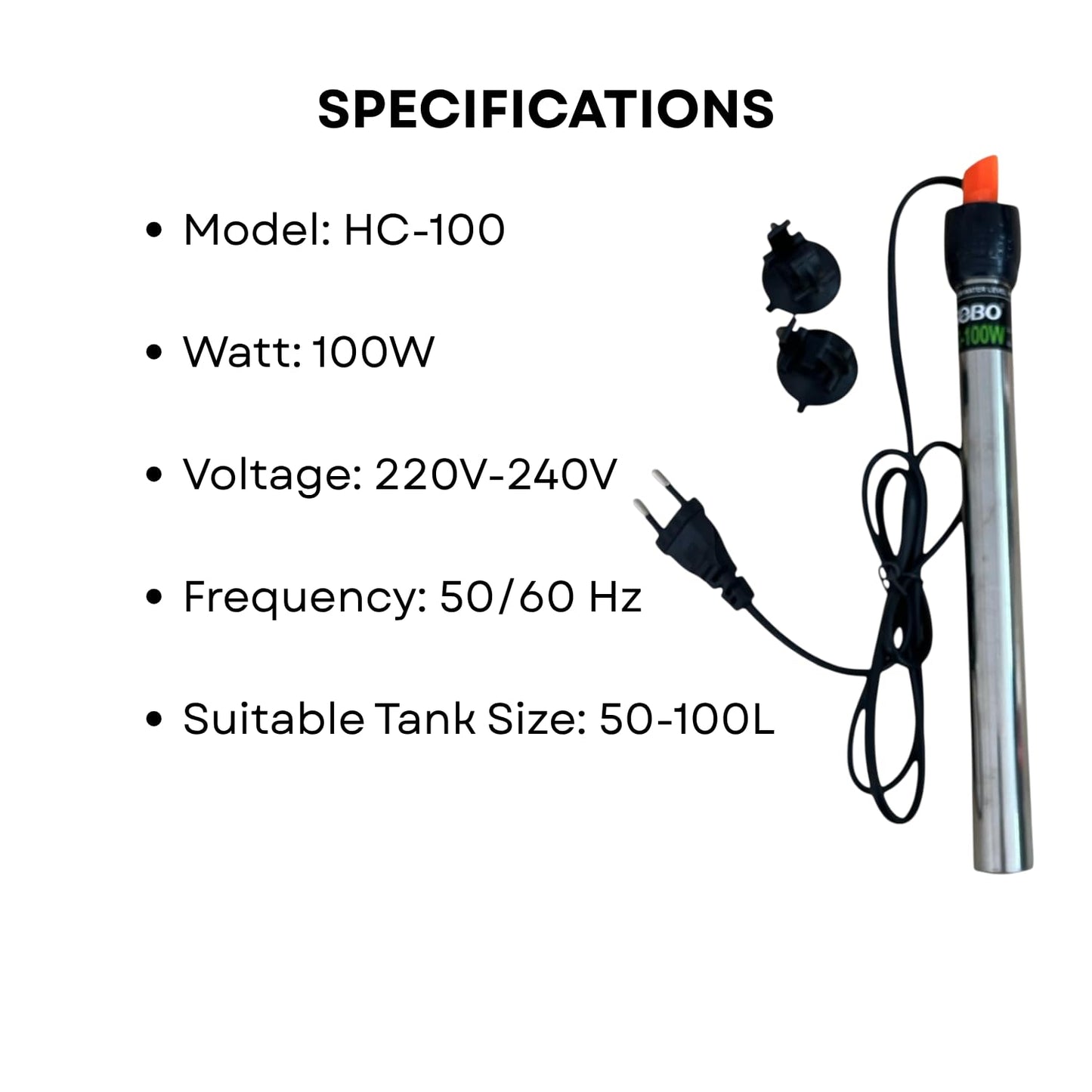 S0B0 HC-100 316 100W Stainless Steel Aquarium Heater| Stainless Steel Tube | Corrosion-Resistance | Fully Submersible | Suitable for 50-100L Aquarium | Original from Tunai Store