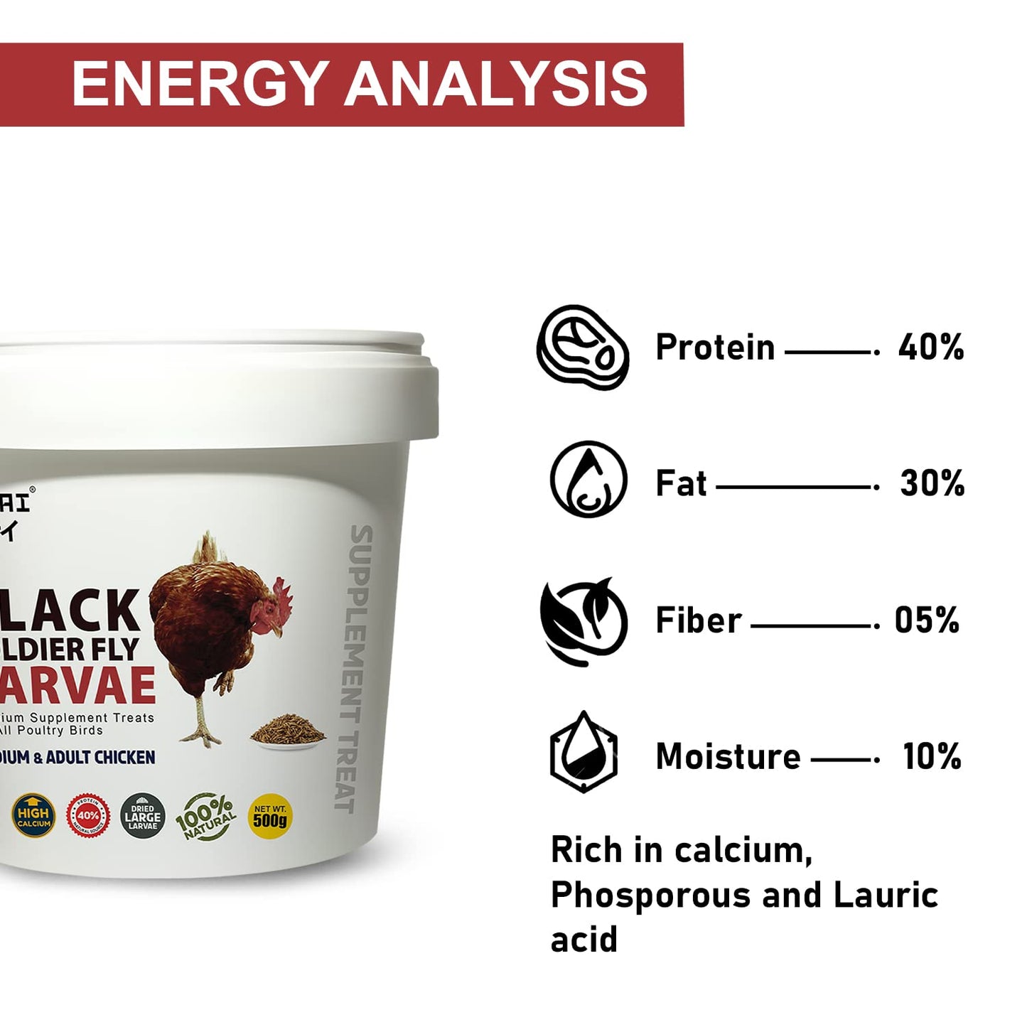 Tunai Black Soldier Fly Larvae | 500g | 60X Calcium, Fortified with 40% Protein Treat for All Adult Chicken and Poultry Birds for Better Egg Shell Health and Growth