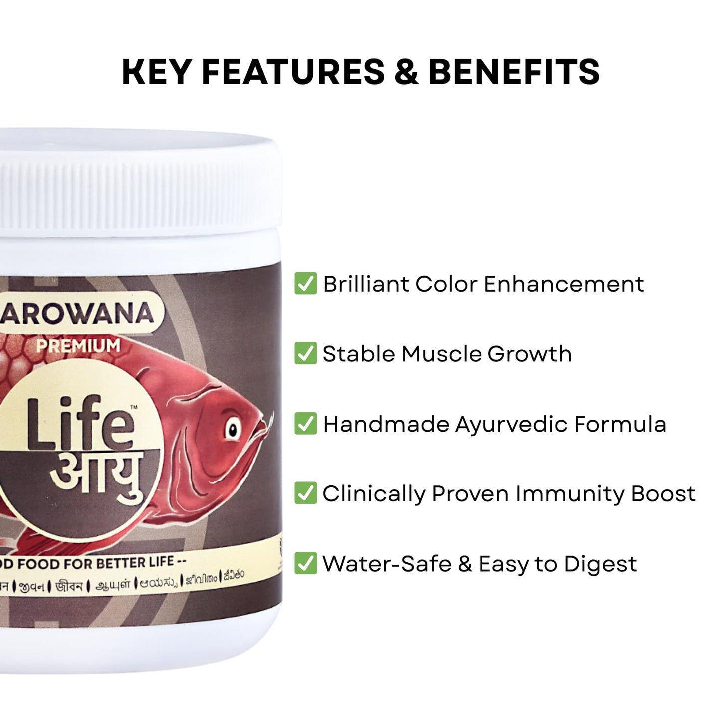 Life AAYU Arowana Premium Aquarium Fish Food | Handmade Ayurvedic Diet for Asian Arowanas | Color Boost, Muscle Growth & Immunity (100 GMS)