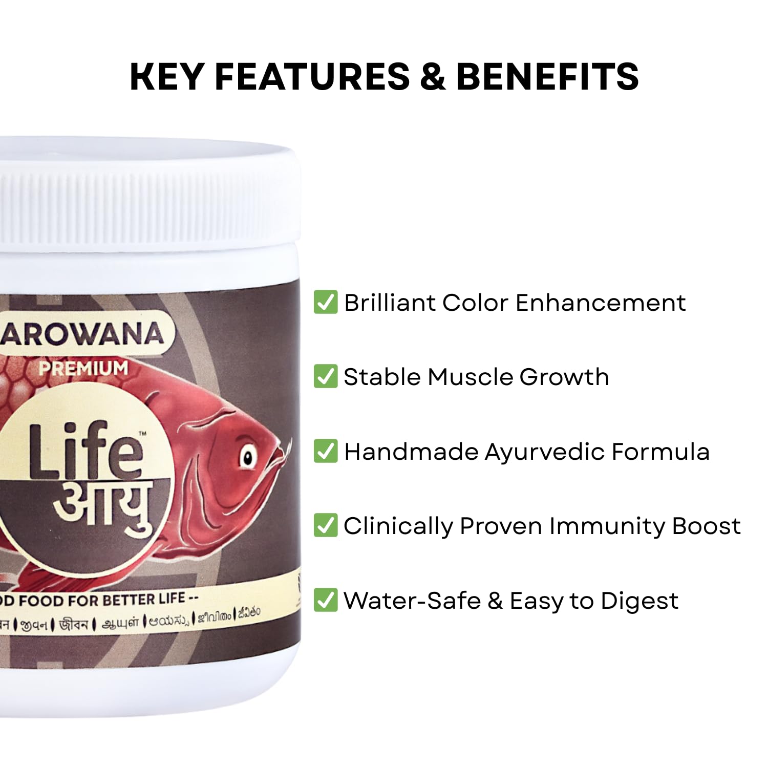 Life AAYU Arowana Premium Aquarium Fish Food | Handmade Ayurvedic Diet for Asian Arowanas | Color Boost, Muscle Growth & Immunity (100 GMS)