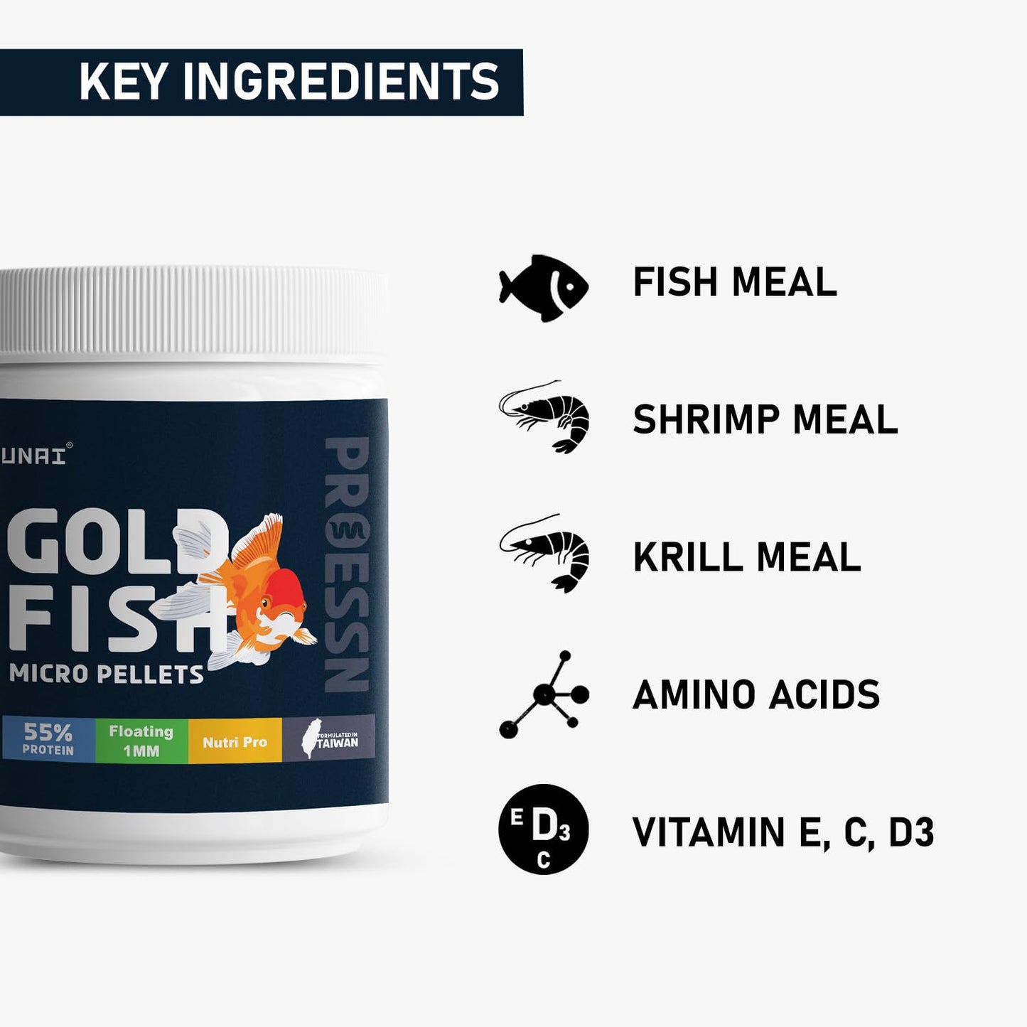TUNAI Gold Fish Food with 55% Protein Rich Premium Food| Pellet, 250G | 1Mm | Exclusive Taiwan Formula for Gold Fish Food, All Life Stages, 1 Count