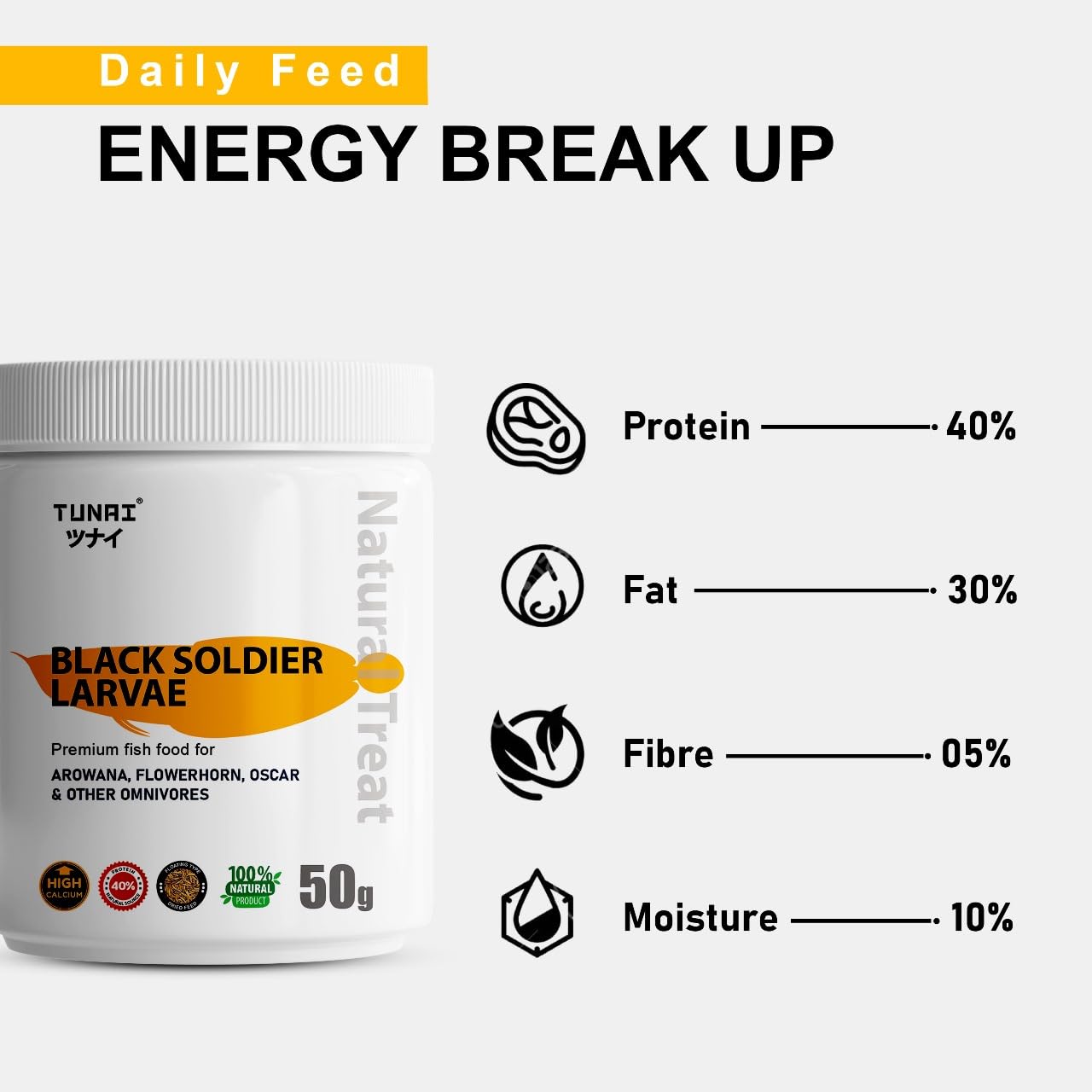 TUNAI Black Soldier Fly Larvae Bsfl |50G| 60X More Calcium Than Meal Worms, 40% Protein Rich Fish Food for Oscar, Arowana, Flowerhorn, Adult Turtle, Tortoise, 1 Count