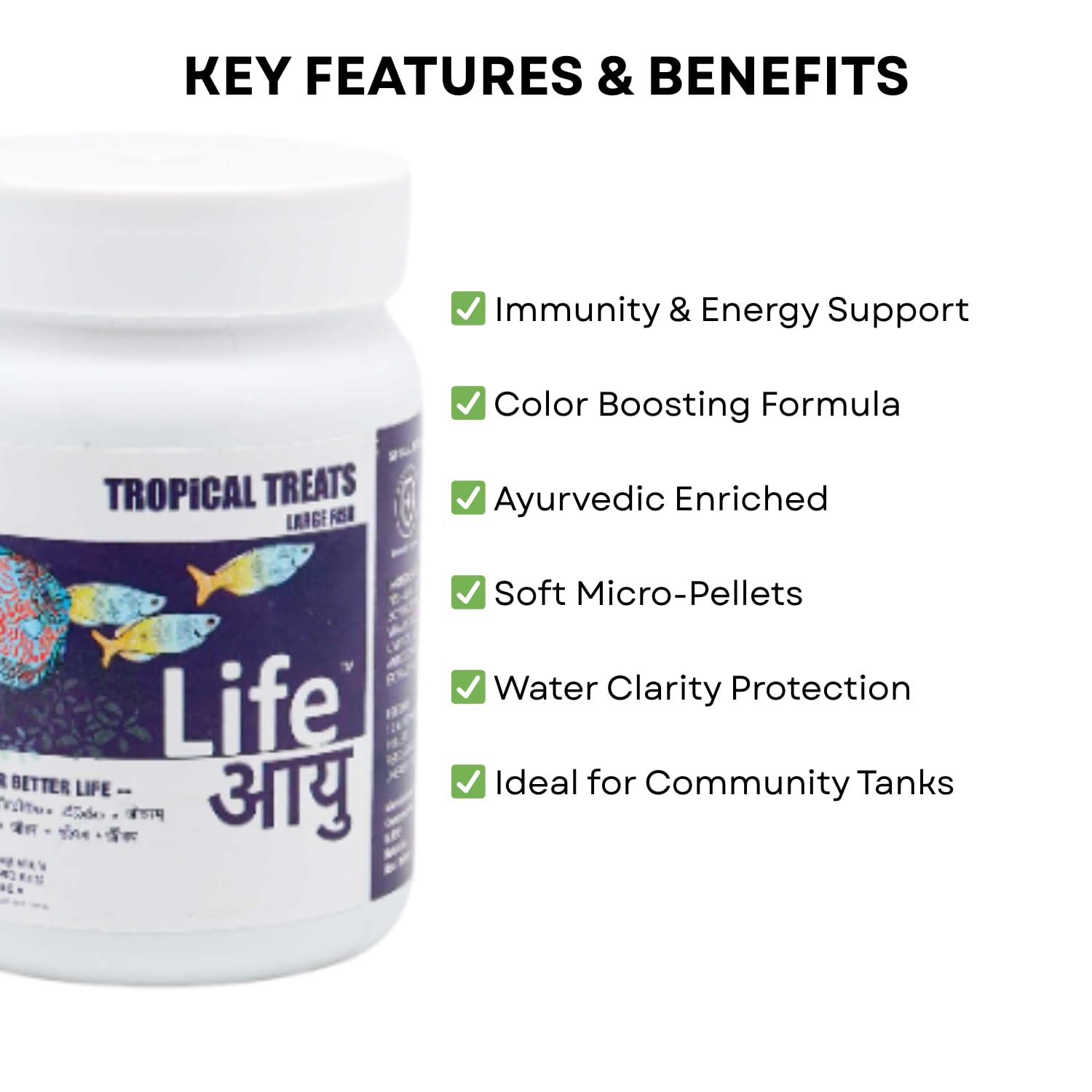 Life AAYU Tropical Treats Fish Food | Ayurvedic Immunity Boost with Spirulina, Moringa, Garlic & Color Enhancers | for All Tropical Fishes | (Large, 70gms)