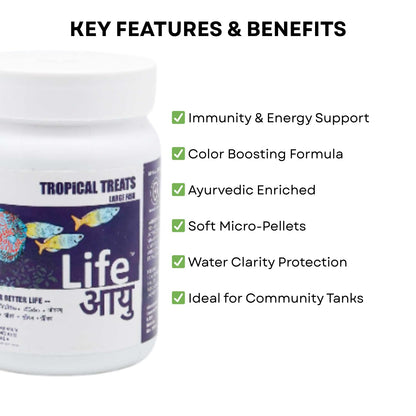 Life AAYU Tropical Treats Fish Food | Ayurvedic Immunity Boost with Spirulina, Moringa, Garlic & Color Enhancers | for All Tropical Fishes | (Large, 70gms)
