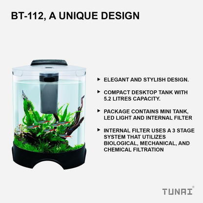 Tunai+ KW BT112 All-in-One DIY Aquarium Fish Tank Comes with Filter and Led Lights, 5.2 Ltrs Capacity Suitable for Small Fish Like Betta, Zebra, Guppy, Tetras & Others