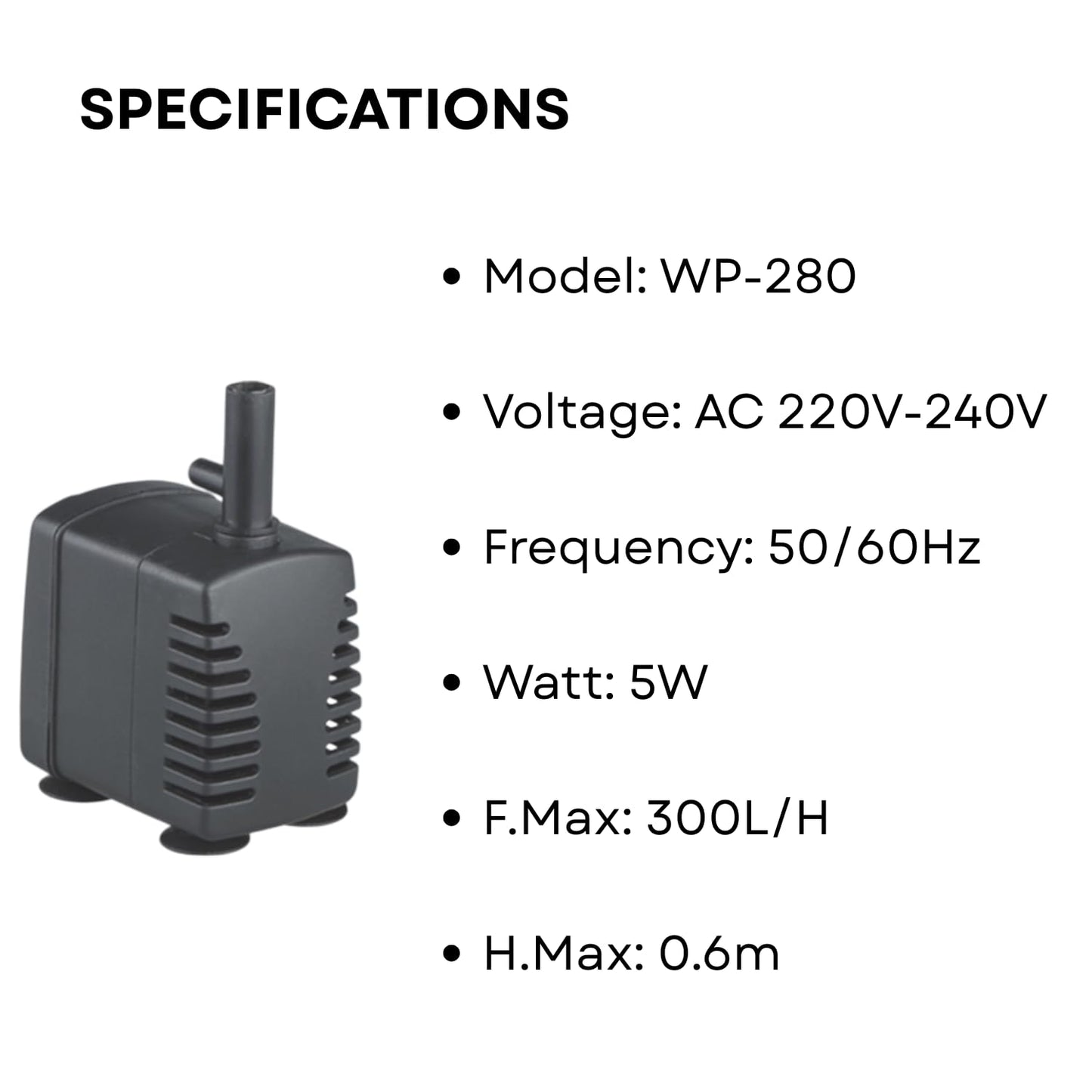 S0B0 WP-280 Submersible Water Pump for Aquarium Fish Tank | Compact Design | Suitable for Freshwater and Saltwater Aquarium | Power: 5W| F.Max: 300L/H | Original from Tunai Store