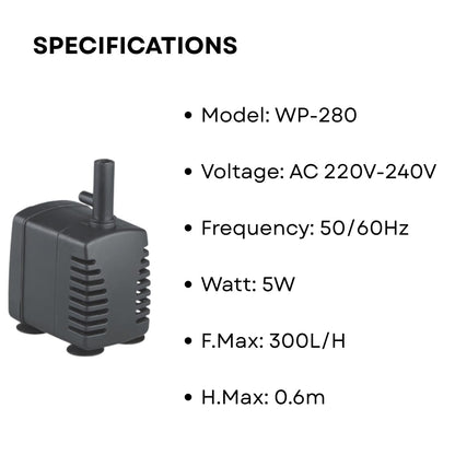 S0B0 WP-280 Submersible Water Pump for Aquarium Fish Tank | Compact Design | Suitable for Freshwater and Saltwater Aquarium | Power: 5W| F.Max: 300L/H | Original from Tunai Store