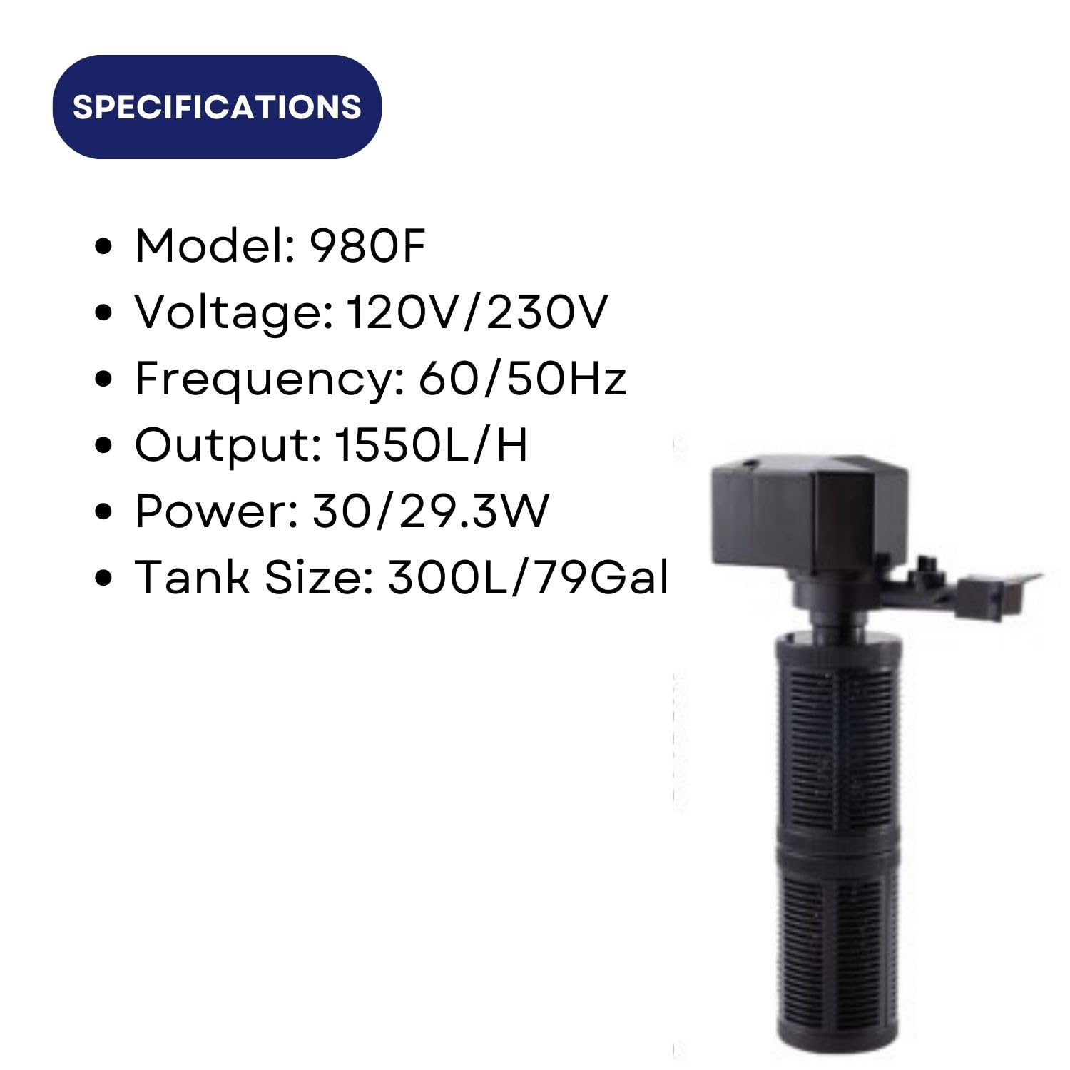 Dophin 980F Internal Filter for Aquarium Fish Tank | Completely Submersible Motor | Output: 1550/1550 L/H | Suitable for Fish Tank Size 300L | (Original from Tunai Store)