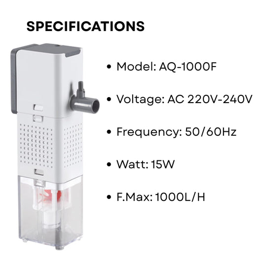 S0B0 AQ-1000F Internal Filter for Aquarium Fish Tank | Powerful Water Circulation | Strong and Consistent Flow | Completely Submersible | Power: 15W | F.Max: 1000L/H | Original from Tunai Store
