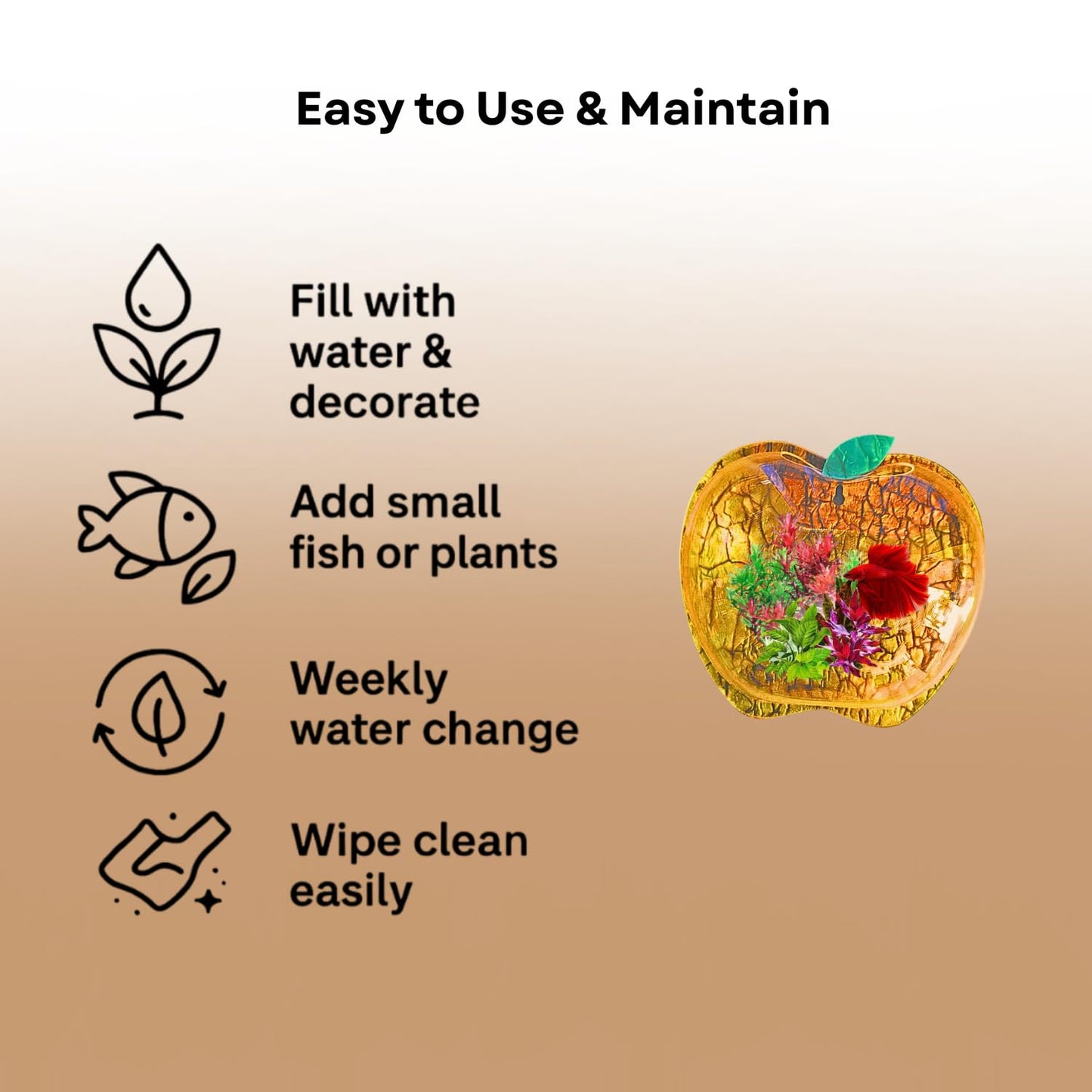 Wall Mount 9-inch Gold Apple Shape Fish Bowl – Without Stand | Modern Aquarium for Home, Office & Café Décor | Space Saving Design | Elegant Fish Tank & Plant Terrarium | Compact Design