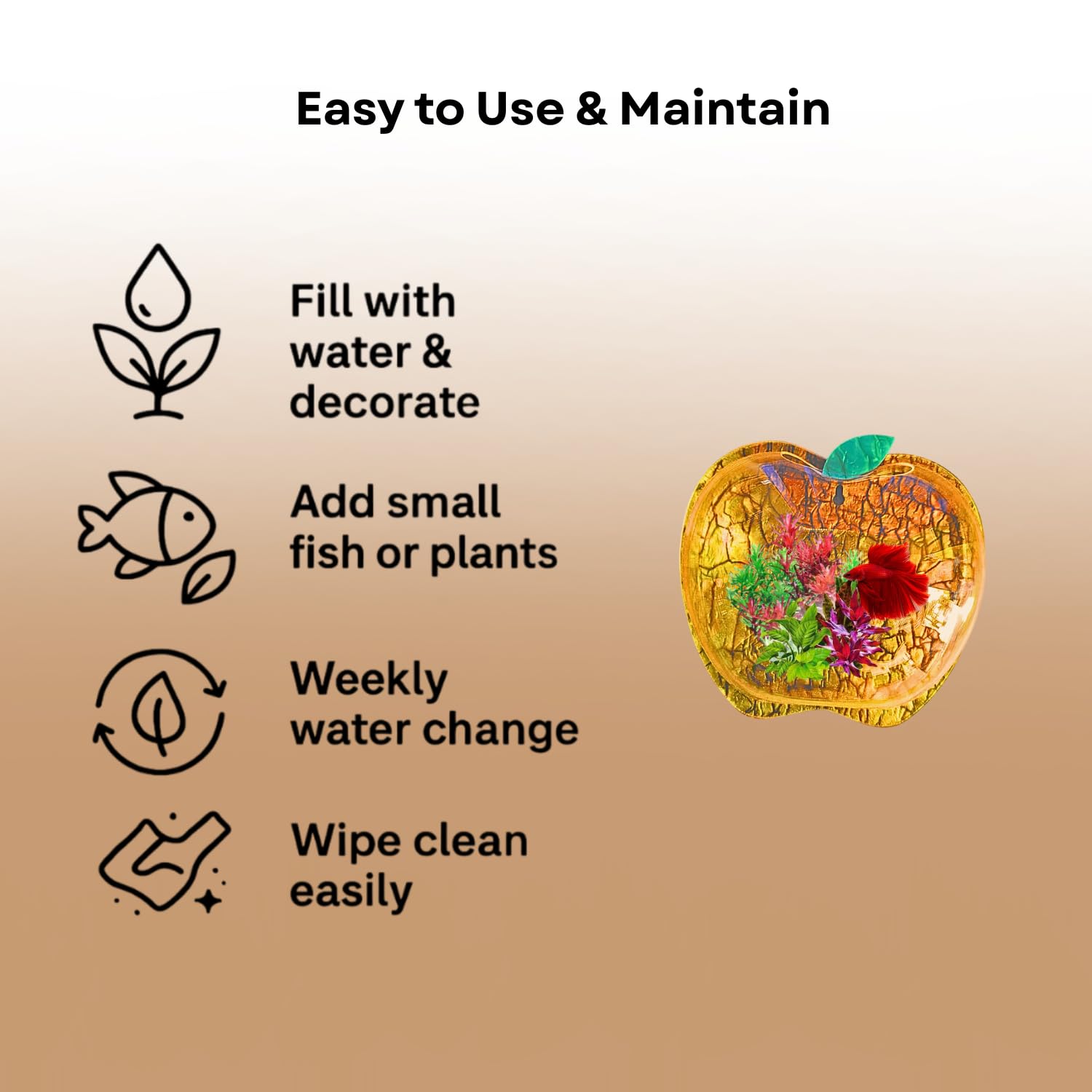 Wall Mount 9-inch Gold Apple Shape Fish Bowl – Without Stand | Modern Aquarium for Home, Office & Café Décor | Space Saving Design | Elegant Fish Tank & Plant Terrarium | Compact Design