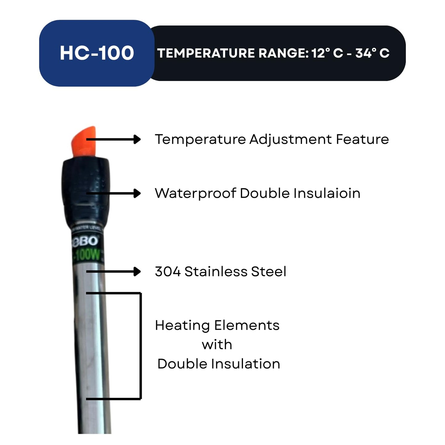S0B0 HC-100 316 100W Stainless Steel Aquarium Heater| Stainless Steel Tube | Corrosion-Resistance | Fully Submersible | Suitable for 50-100L Aquarium | Original from Tunai Store