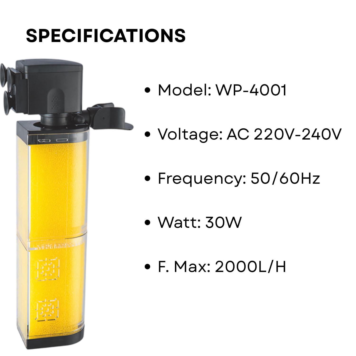 S0B0 WP-4001 Internal Filter for Aquarium Fish Tank | Completely Submersible | Absorbs Dirt & Cleans Water | for Fresh and Marine Water Tank | Power: 30W | F.Max: 2000L/H | Original from Tunai Store