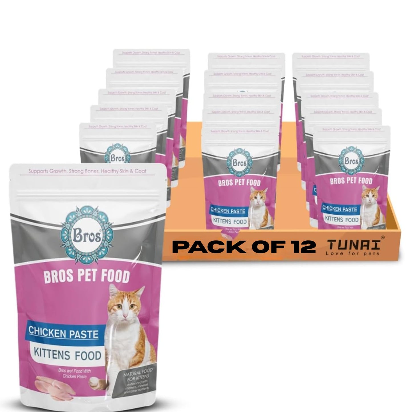 SF+ Bros Pet Cat Food Paste | Pack of 12 | Natural Food for Cats | Enhanced with Vitamins, Minerals and Other Nutrients (80gms, Chicken Paste - Kittens)