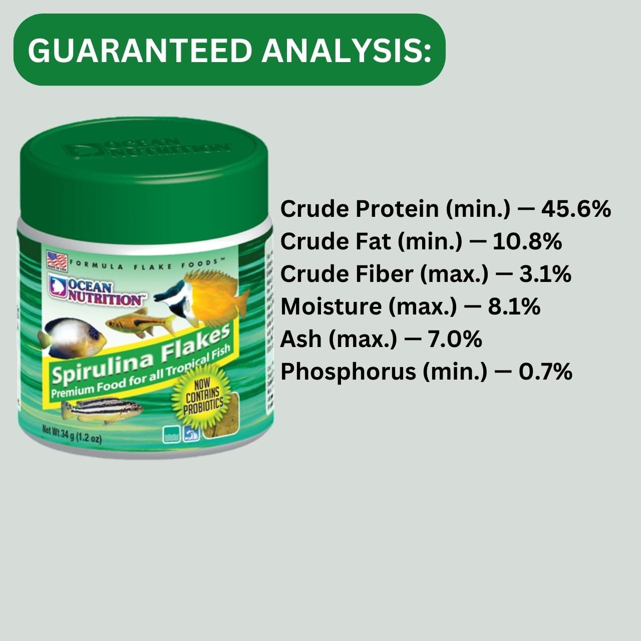 ON+ Spirulina Flakes Fish Food with Probiotics (Original from Tunai Store) | Premium Flake Food for All Tropical Fish (34gms, Flake)