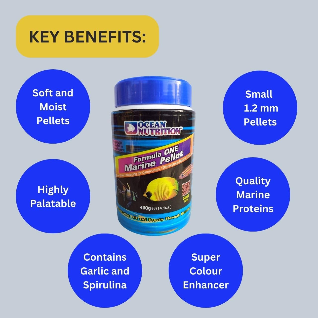 ON+ Formula One Marine Pellets Fish Food (Original from Tunai Store) | Super Color Enhancing for Carnivorous/Omnivorous Marine Tropical Fish (400gms, Small Pellets)