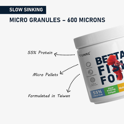 TUNAI Nutri Choice Betta Fish Food | 40G | Micro Pellets 600 Microns | Enriched with 55% Protein (600 Microns - Micro Pellets, 40G), All Life Stages