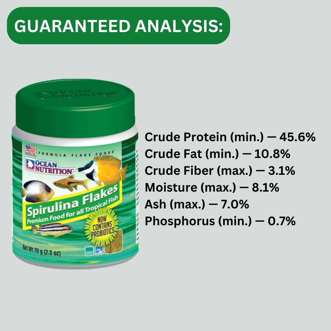ON+ Spirulina Flakes Fish Food with Probiotics (Original from Tunai Store) | Premium Flake Food for All Tropical Fish (71gms, Flake)